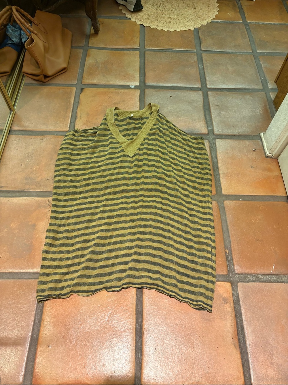 Striped V-Neck Sleeveless Tunic Top in Olive and Gray